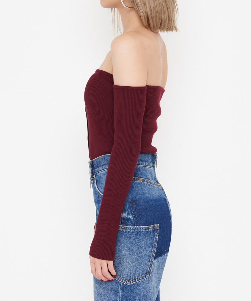オフショルダーリブニットトップス 詳細画像 ボルドー 3
