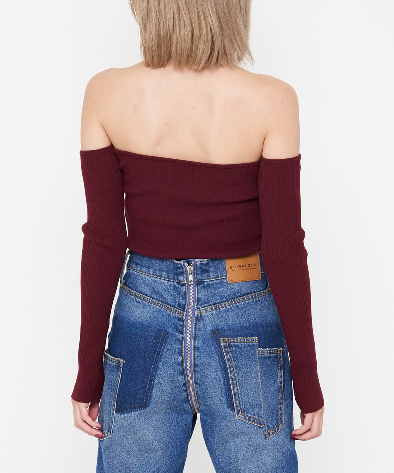 オフショルダーリブニットトップス 詳細画像 ボルドー 4