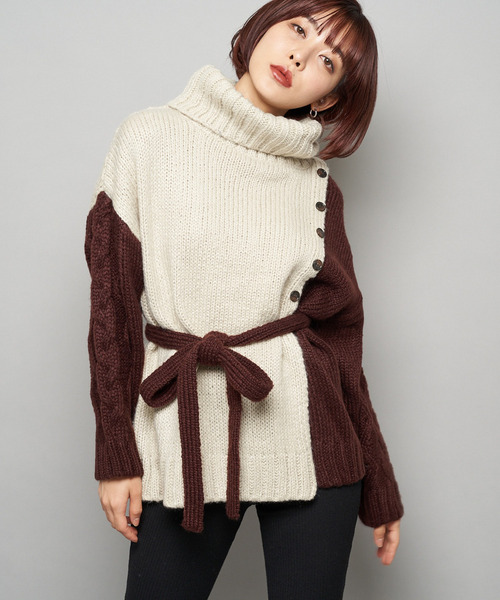 配色モヘアタッチタートルニット 詳細画像