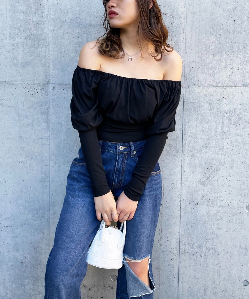 オフショルダーパフスリーブトップス 詳細画像 ブラック 1
