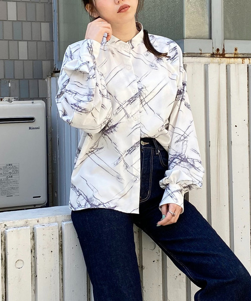 マーブルパターン柄ブラウス 詳細画像