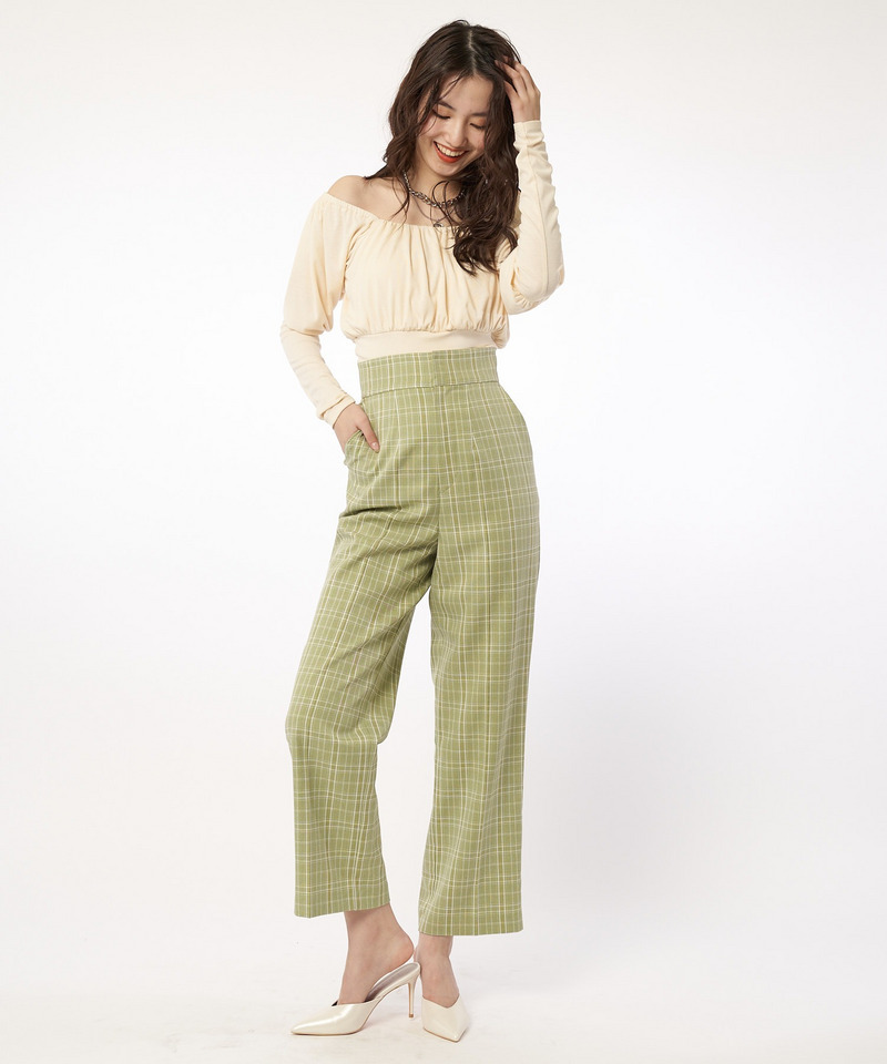 チェック柄ストレートパンツ 詳細画像 グリーン系 2