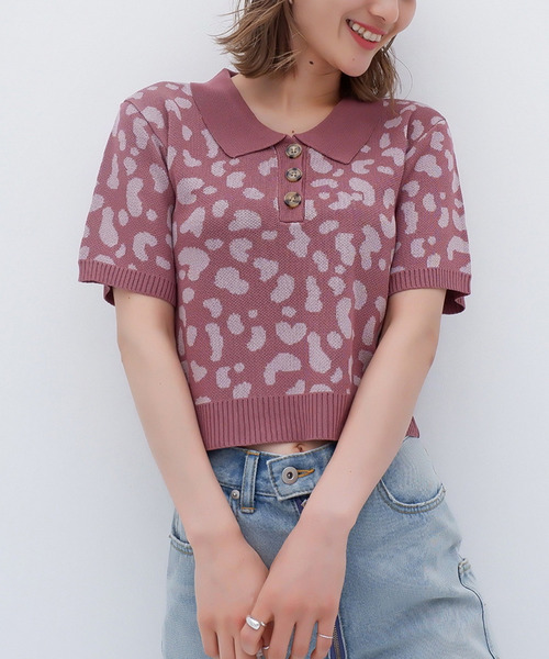 レオパード柄ジャガードポロニット 詳細画像