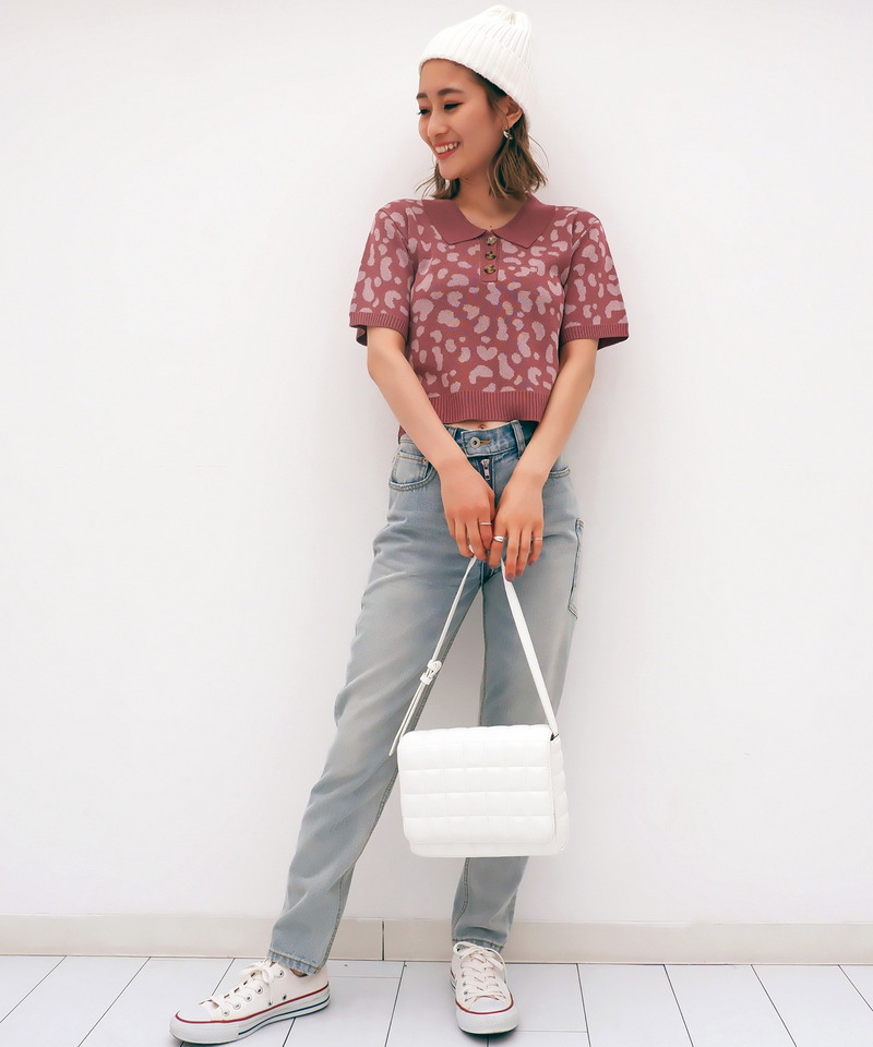 レオパード柄ジャガードポロニット 詳細画像 ピンク 2