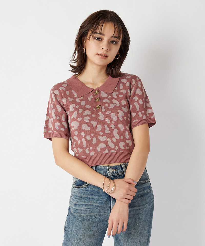 レオパード柄ジャガードポロニット 詳細画像 ピンク 3