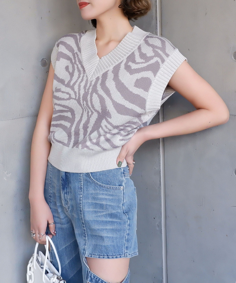 マーブルパターンニットベスト 詳細画像 グレー 4