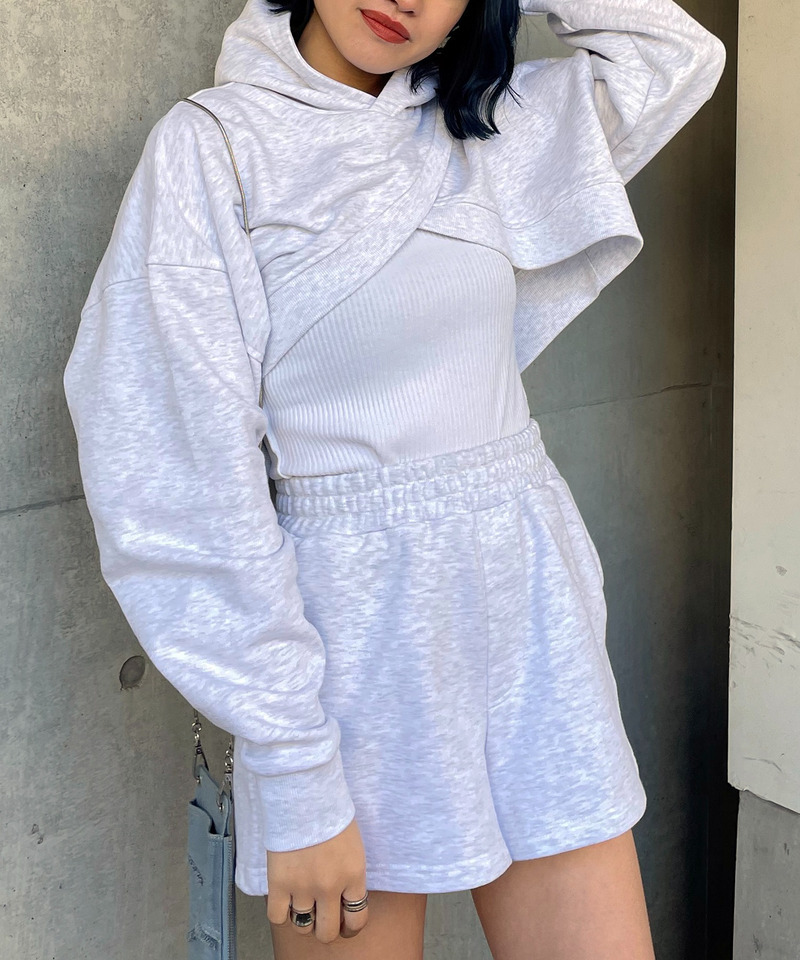 カシュクールヘムレイヤードスウェットトップス&times;スウェットショートパンツ 詳細画像 グレー 1