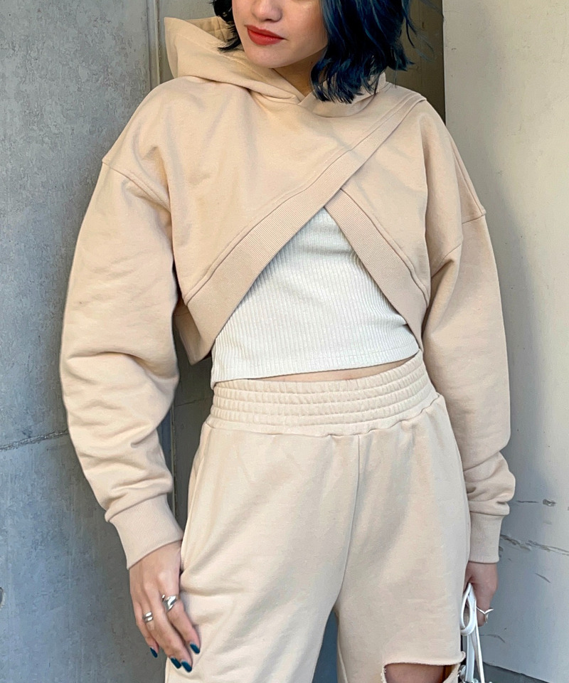 カシュクールヘムレイヤードスウェットトップス&times;カットオフ裏毛パンツ 詳細画像 ベージュ 2