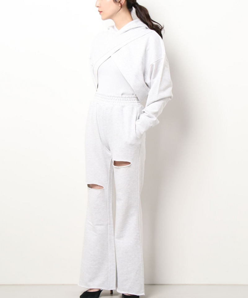カシュクールヘムレイヤードスウェットトップス&times;カットオフ裏毛パンツ 詳細画像 グレー 1