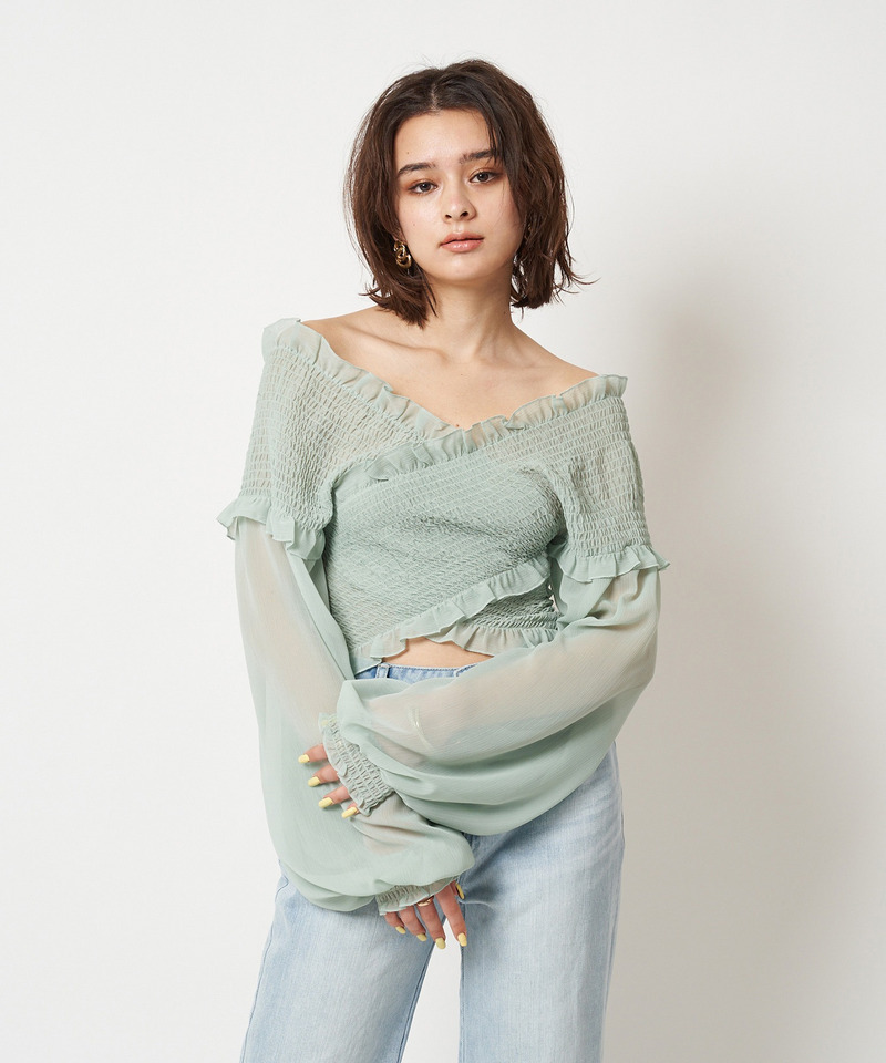 ギャザーカシュクールブラウス 詳細画像 グリーン 1