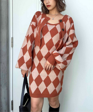 アーガイル柄アンサンブルニットワンピース