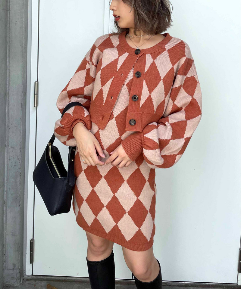アーガイル柄アンサンブルニットワンピース 詳細画像 オレンジ系 4