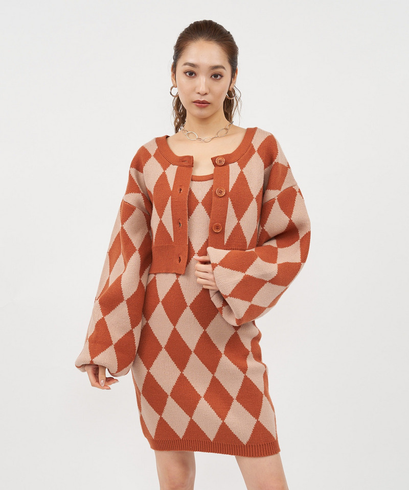 アーガイル柄アンサンブルニットワンピース 詳細画像 オレンジ系 7