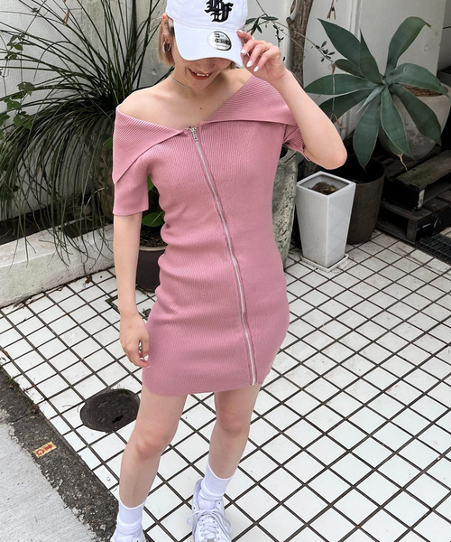 ビックカラーフルジップ半袖タイトリブワンピース