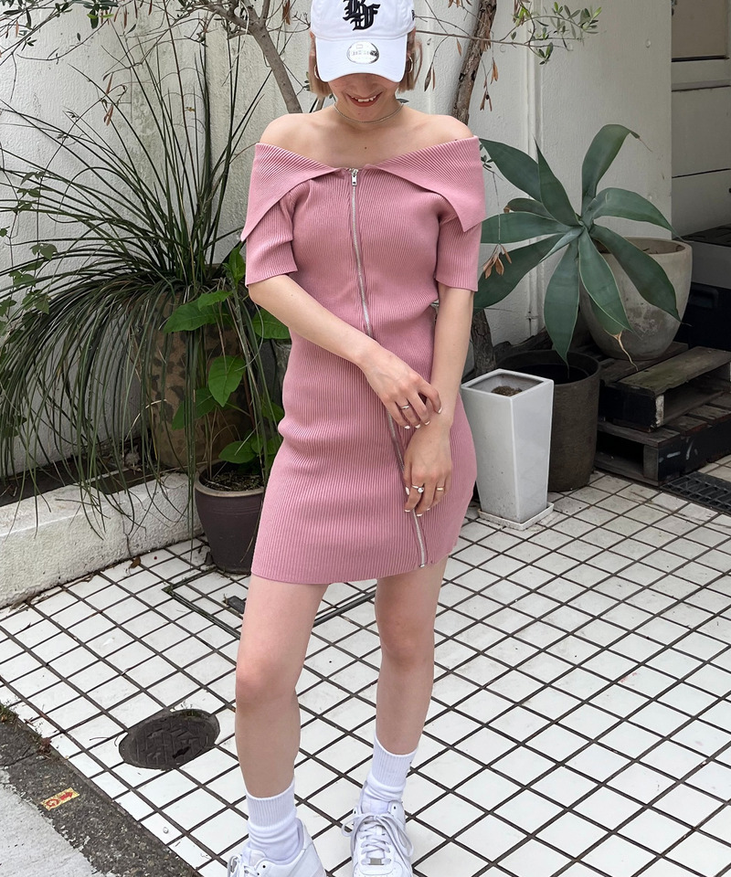 ビックカラーフルジップ半袖タイトリブワンピース 詳細画像 ピンク 3