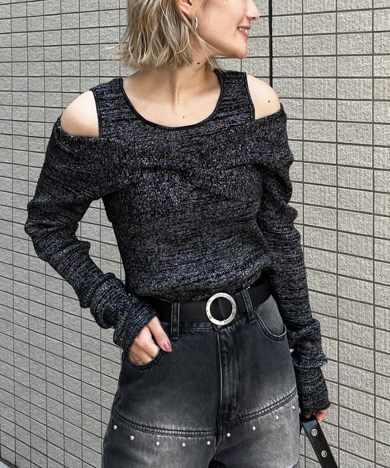 レイヤード風フロントクロスラメニット 詳細画像 ブラック 1