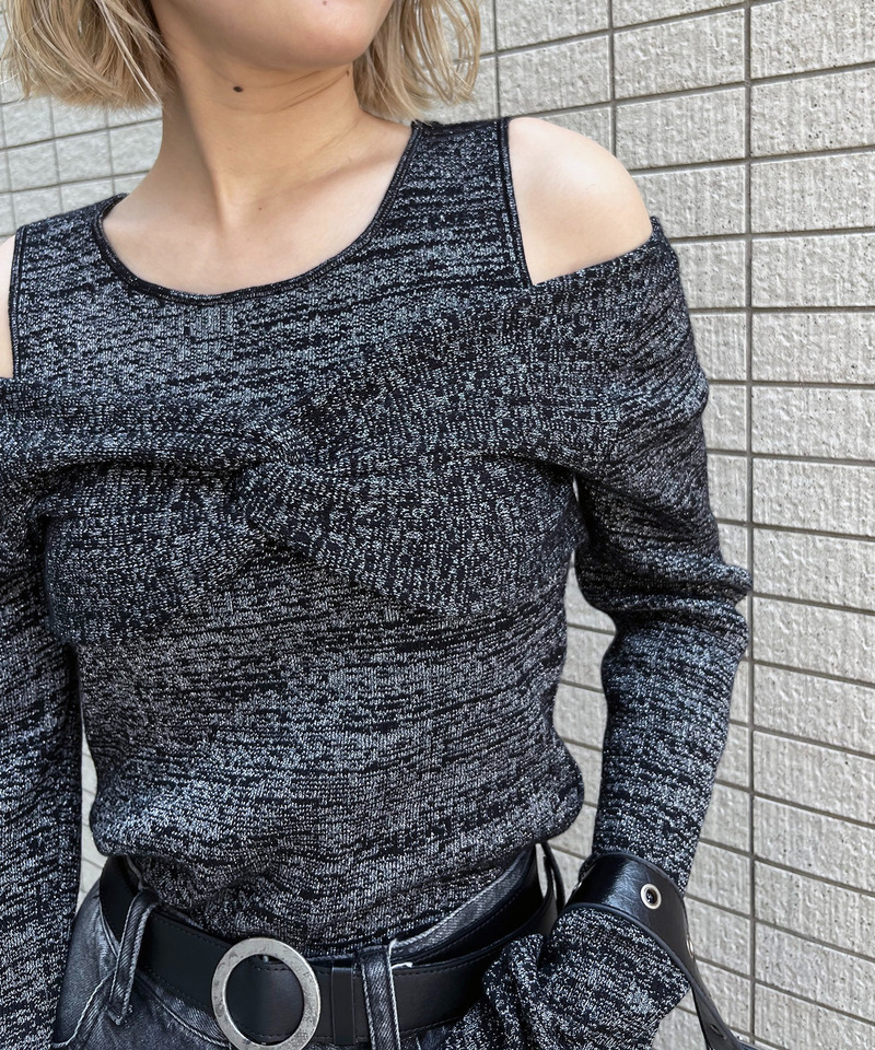 レイヤード風フロントクロスラメニット 詳細画像 ブラック 5