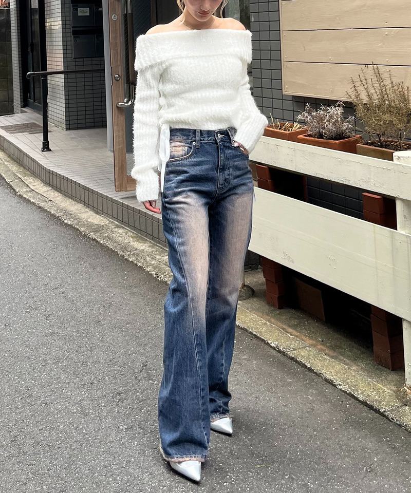 サテンリボンレースアップオフショルラメニット 詳細画像 ホワイト 2