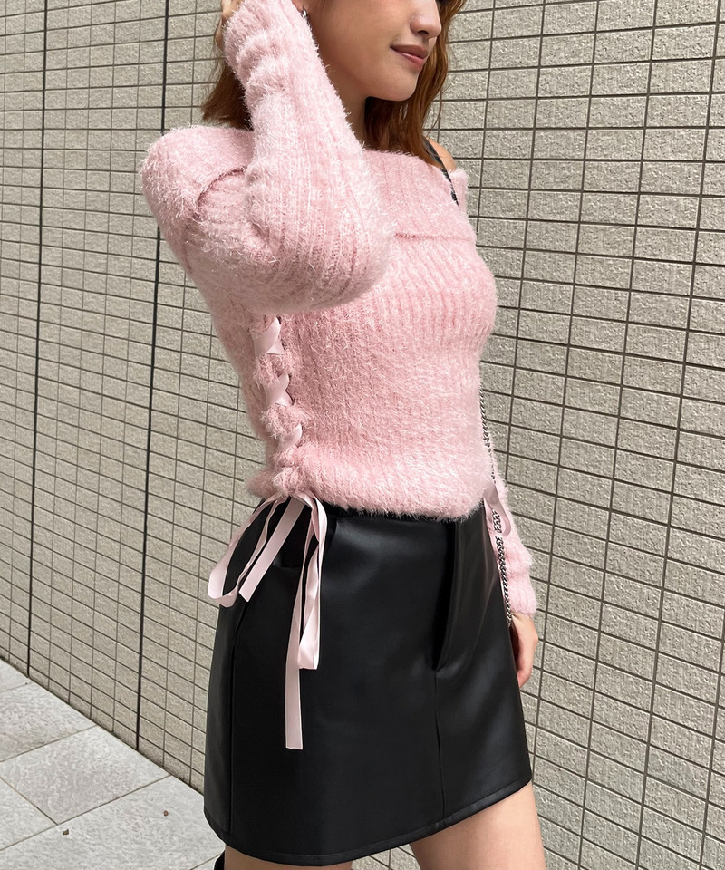 サテンリボンレースアップオフショルラメニット 詳細画像 ピンク 8