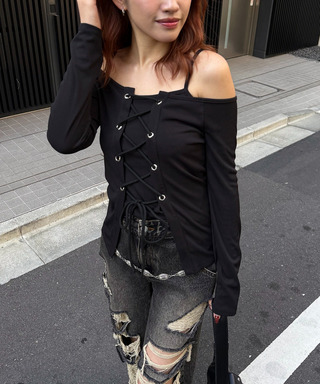 オフショルレースアップアンサンブルトップス