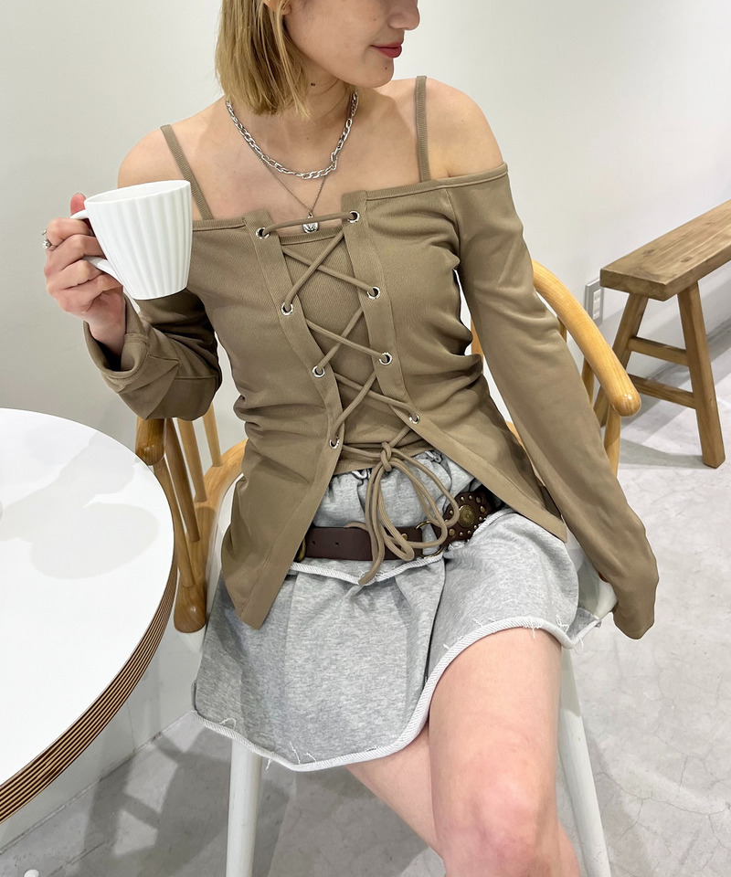 オフショルレースアップアンサンブルトップス 詳細画像 ブラウン 1