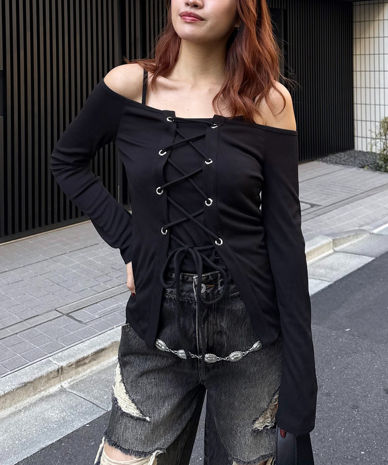 オフショルレースアップアンサンブルトップス 詳細画像 ブラック 2