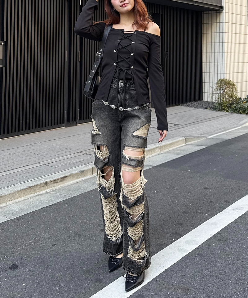 オフショルレースアップアンサンブルトップス 詳細画像 ブラック 3