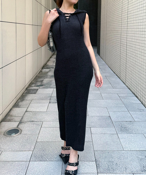 フード付きフロントレースアップロングワンピース 詳細画像