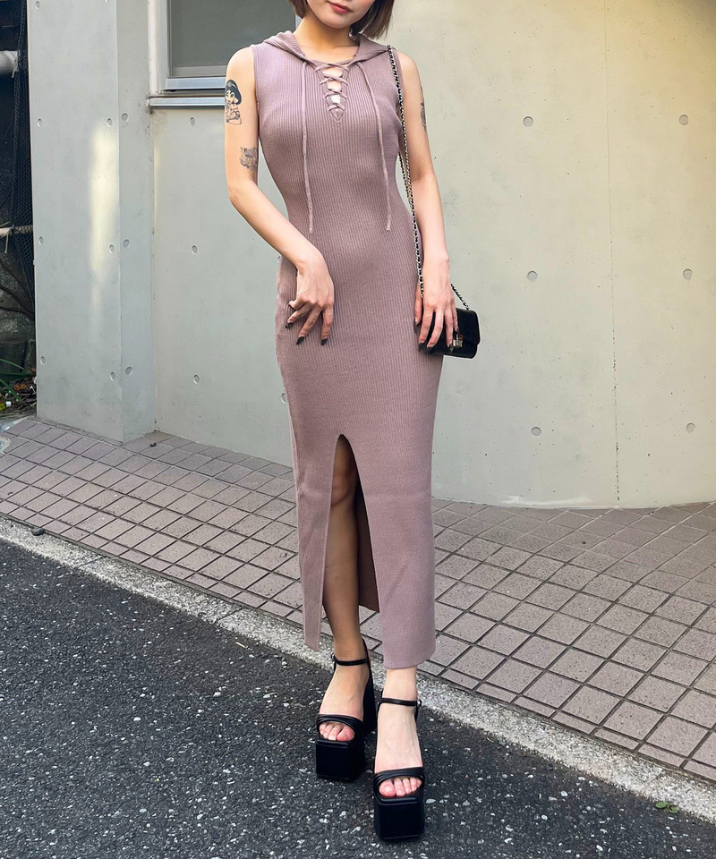 フード付きフロントレースアップロングワンピース 詳細画像 ベージュ 5