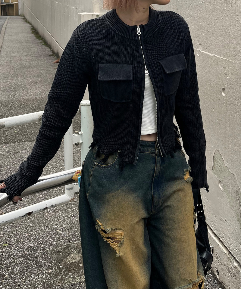 ピグメントダメージニット 詳細画像 ブラック 1