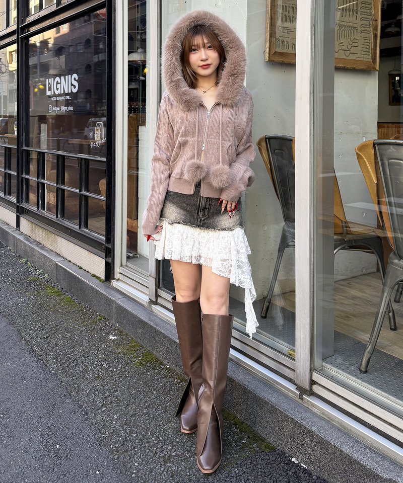 ぽんぽん付きケーブル編みニットショートパーカー 詳細画像 ベージュ 6