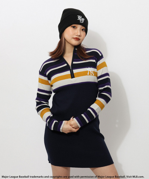 【MLB】マルチボーダーハーフZIPリブニットワンピース 詳細画像