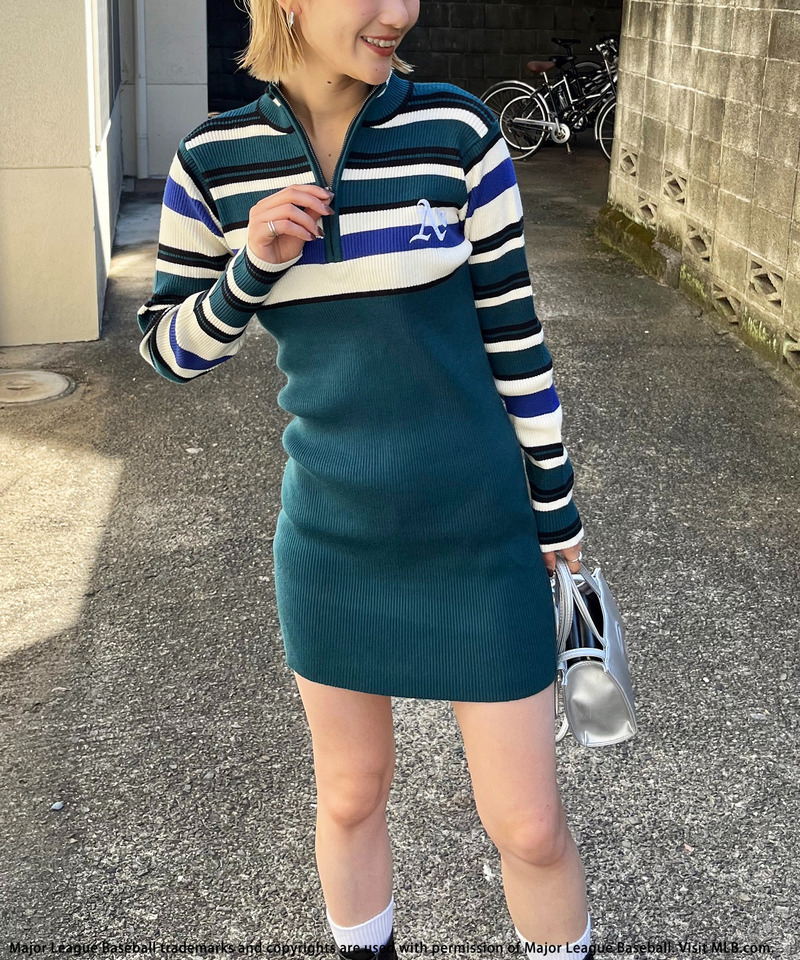 【MLB】マルチボーダーハーフZIPリブニットワンピース 詳細画像 グリーン 5
