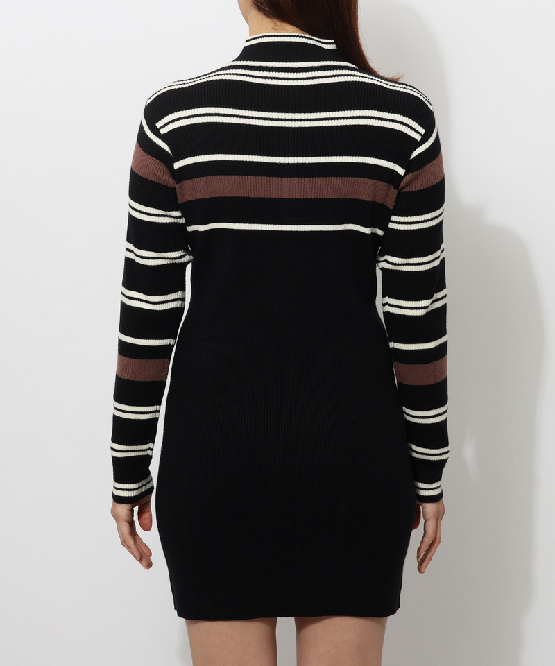 【MLB】マルチボーダーハーフZIPリブニットワンピース 詳細画像 ブラック 6