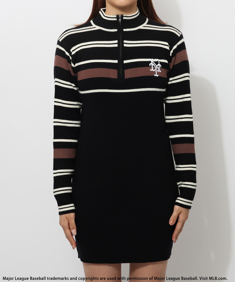 【MLB】マルチボーダーハーフZIPリブニットワンピース 詳細画像 ブラック 7