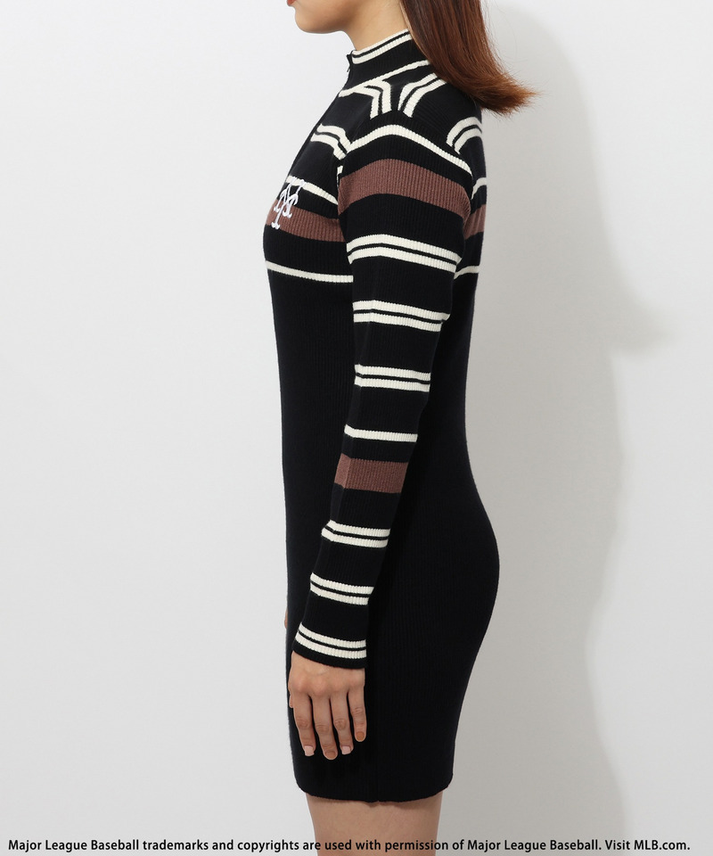 【MLB】マルチボーダーハーフZIPリブニットワンピース 詳細画像 ブラック 8