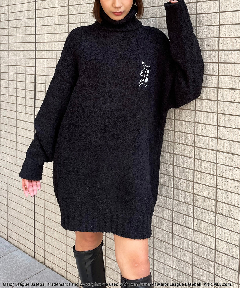 【MLB】ワッペン刺繍ロゴブークレニットワンピース 詳細画像 ブラック 5