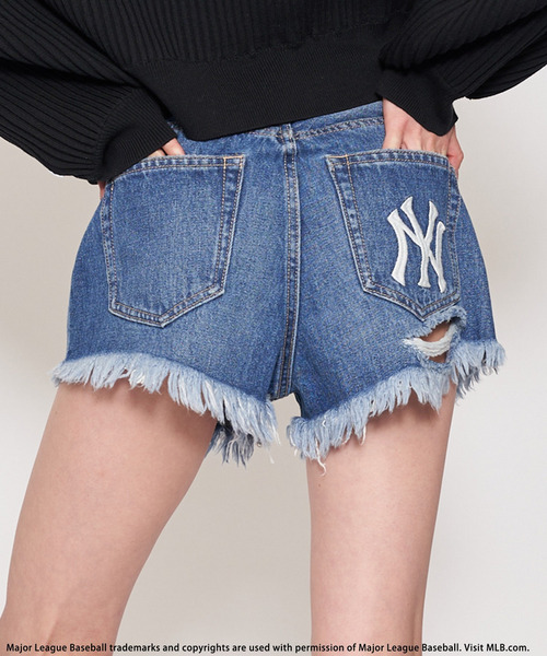 【MLB】ダメージデニムショートパンツ 詳細画像