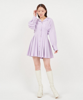 ビジューボタンくびれるシャツミニワンピース