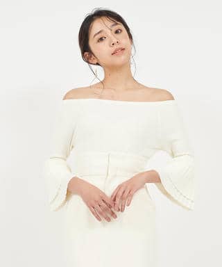 プリーツスリーブオフショルダーニットトップス