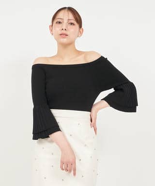 プリーツスリーブオフショルダーニットトップス