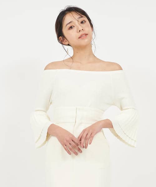 プリーツスリーブオフショルダーニットトップス 詳細画像