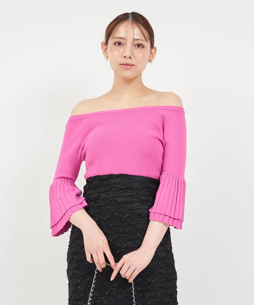 プリーツスリーブオフショルダーニットトップス 詳細画像