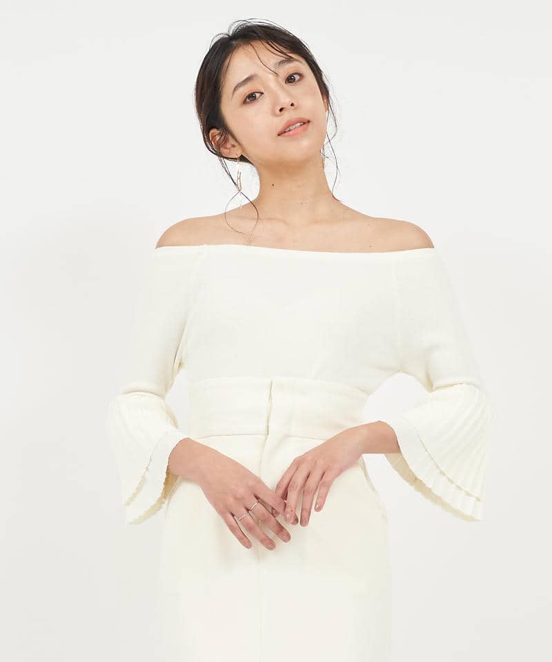 プリーツスリーブオフショルダーニットトップス 詳細画像 オフホワイト 1