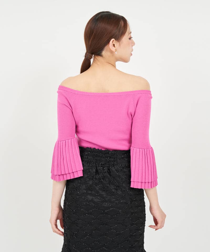 プリーツスリーブオフショルダーニットトップス 詳細画像 ピンク 3