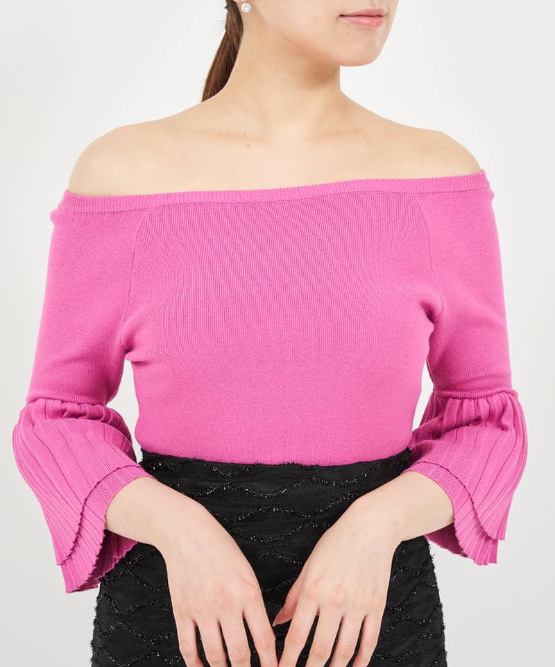 プリーツスリーブオフショルダーニットトップス 詳細画像 ピンク 4