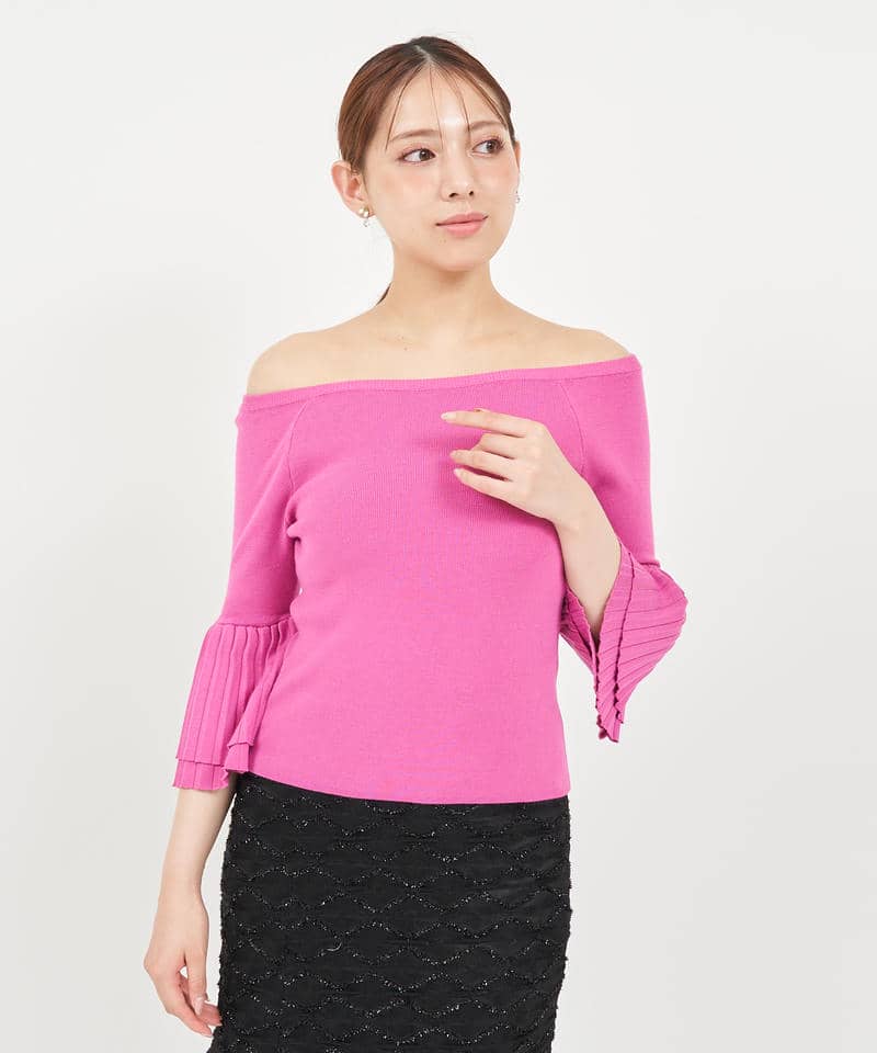 プリーツスリーブオフショルダーニットトップス 詳細画像 ピンク 7