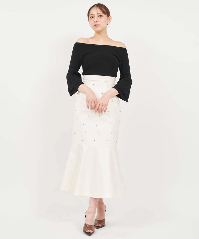 プリーツスリーブオフショルダーニットトップス 詳細画像 ブラック 2