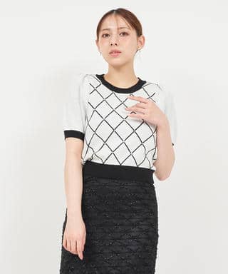 配色ビジューパフスリーブニットトップス