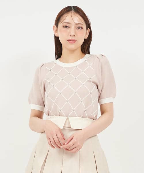配色ビジューパフスリーブニットトップス 詳細画像